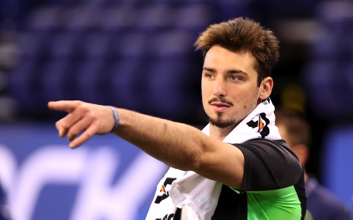 Memphis quarterback Paxton Lynch is seen at the NFL football scouting combine Saturday, Feb. 27, 2016, in Indianapolis. (AP Photo/Gregory Payan)